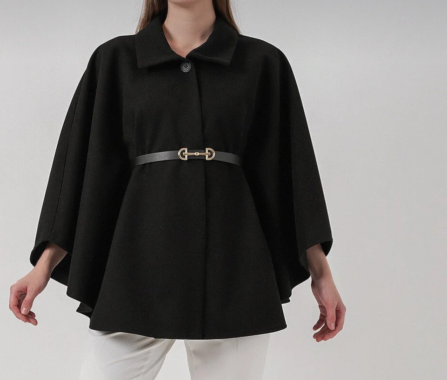 Kemer Detaylı Siyah Deri Kadın Panço - Görsel 2