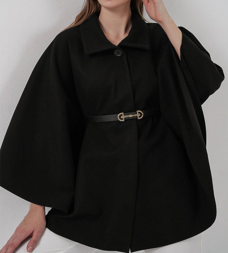 Kemer Detaylı Siyah Deri Kadın Panço - Görsel 4