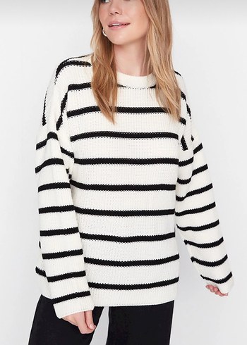 Çizgili Kadın Triko Kazak - Görsel 2