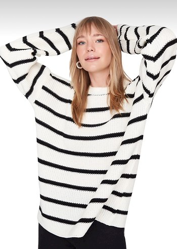 Çizgili Kadın Triko Kazak - Görsel 3