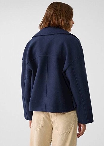 Düğmeli Lacivert Kadın Kısa Midi Yün Kaban Ceket - Görsel 5
