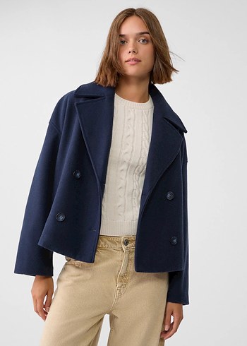 Düğmeli Lacivert Kadın Kısa Midi Yün Kaban Ceket - Görsel 4