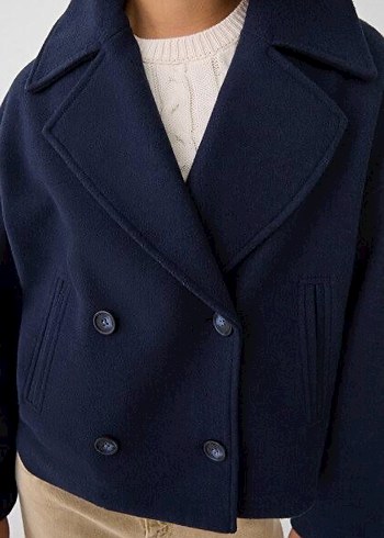 Düğmeli Lacivert Kadın Kısa Midi Yün Kaban Ceket - Görsel 3
