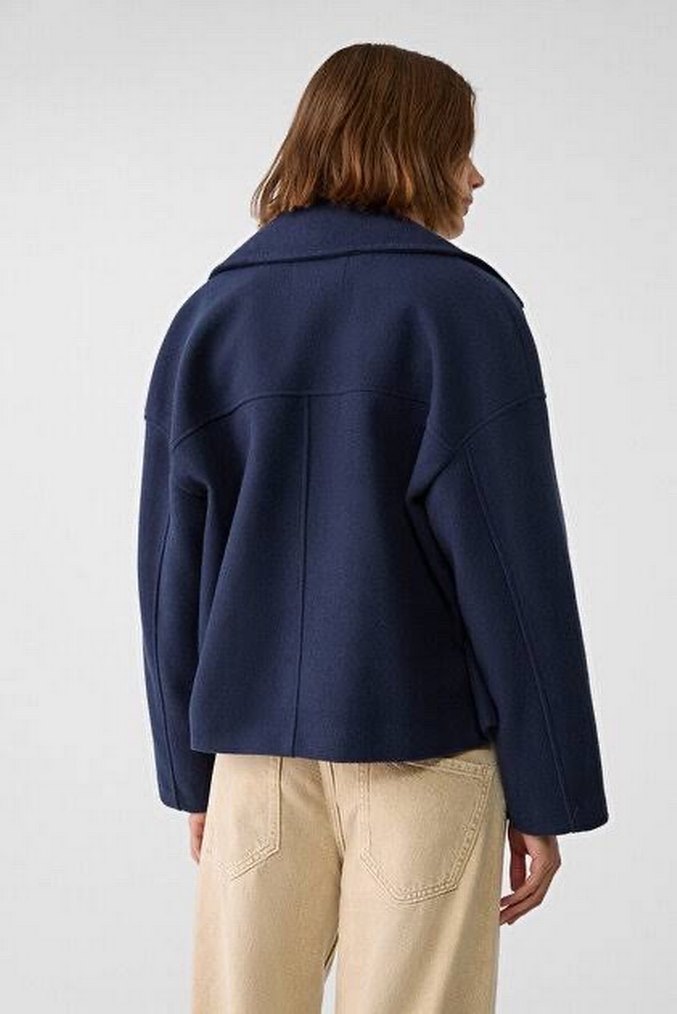 Düğmeli Lacivert Kadın Kısa Midi Yün Kaban Ceket - Görsel 5