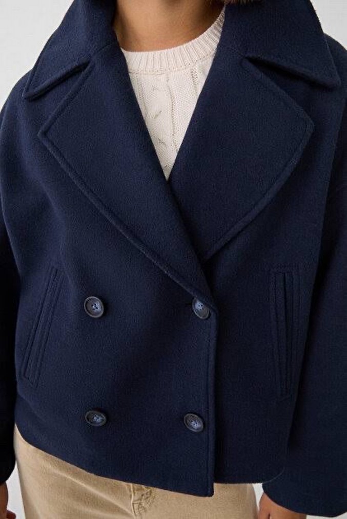 Düğmeli Lacivert Kadın Kısa Midi Yün Kaban Ceket - Görsel 3