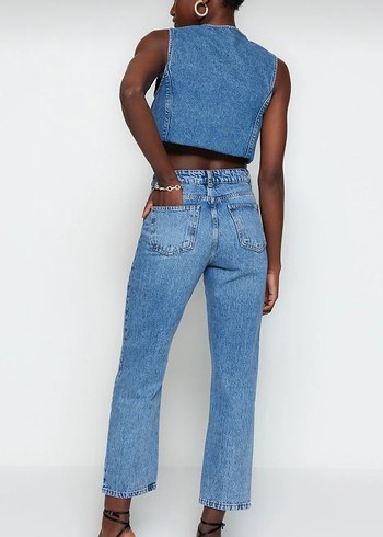 Düğmeli Mavi Kadın Jean Pantolon - Görsel 5