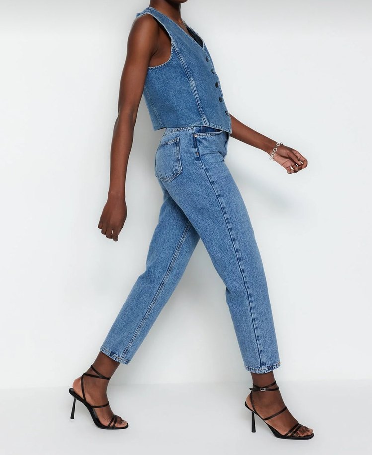 Düğmeli Mavi Kadın Jean Pantolon - Görsel 2