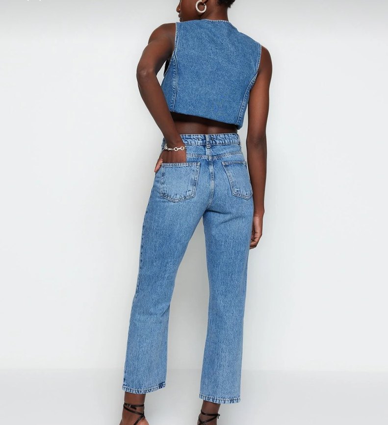 Düğmeli Mavi Kadın Jean Pantolon - Görsel 5