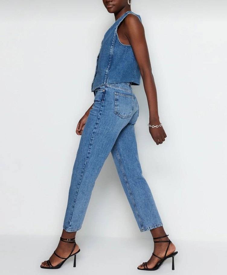 Düğmeli Mavi Kadın Jean Pantolon - Görsel 3