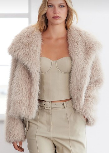 Bej Kadın Peluş Kürk Detaylı Ceket - Görsel 4