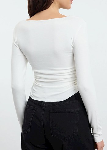 Beyaz Pamuklu Uzun Kollu Kadın Bluz - Görsel 3