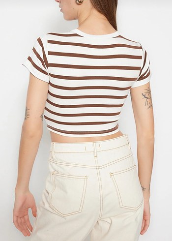 İkili Bej Çizgili-Beyaz Kısa Crop Tişört - Görsel 4