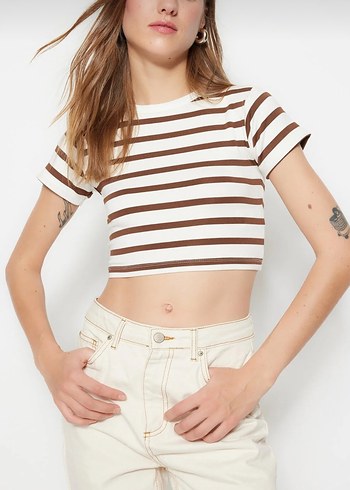 İkili Bej Çizgili-Beyaz Kısa Crop Tişört - Görsel 3