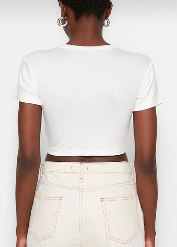 İkili Bej Çizgili-Beyaz Kısa Crop Tişört - Görsel 6