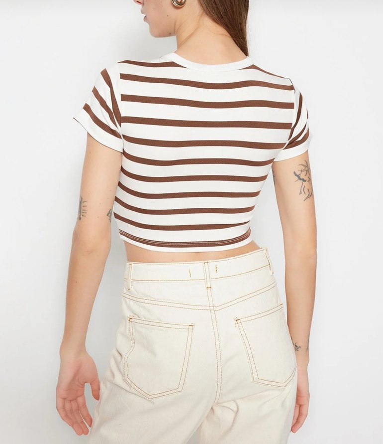 İkili Bej Çizgili-Beyaz Kısa Crop Tişört - Görsel 4