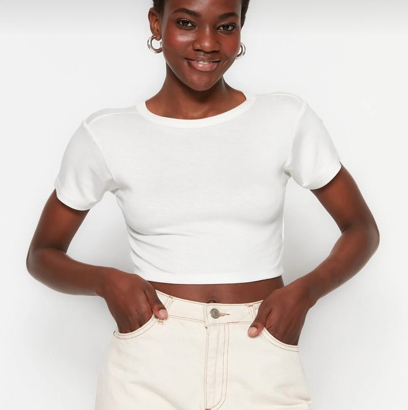 İkili Bej Çizgili-Beyaz Kısa Crop Tişört - Görsel 5