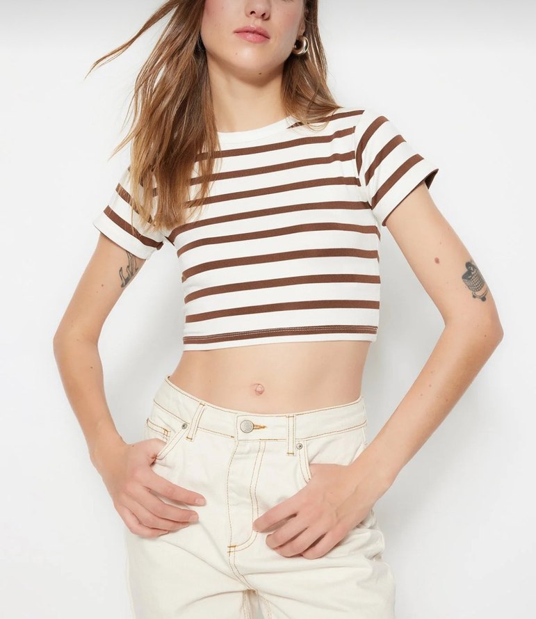 İkili Bej Çizgili-Beyaz Kısa Crop Tişört - Görsel 3