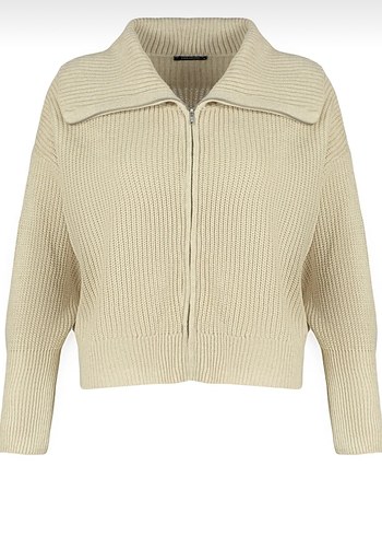 Bej Yüksek Yakalı Salaş Kadın Kazak Hırka - Görsel 6