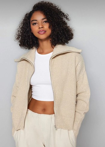 Bej Yüksek Yakalı Salaş Kadın Kazak Hırka - Görsel 3