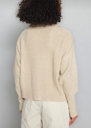 Bej Yüksek Yakalı Salaş Kadın Kazak Hırka - Görsel 5