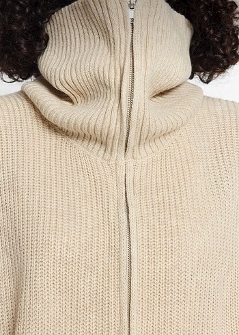 Bej Yüksek Yakalı Salaş Kadın Kazak Hırka - Görsel 4