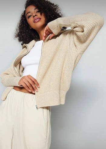 Bej Yüksek Yakalı Salaş Kadın Kazak Hırka - Görsel 2