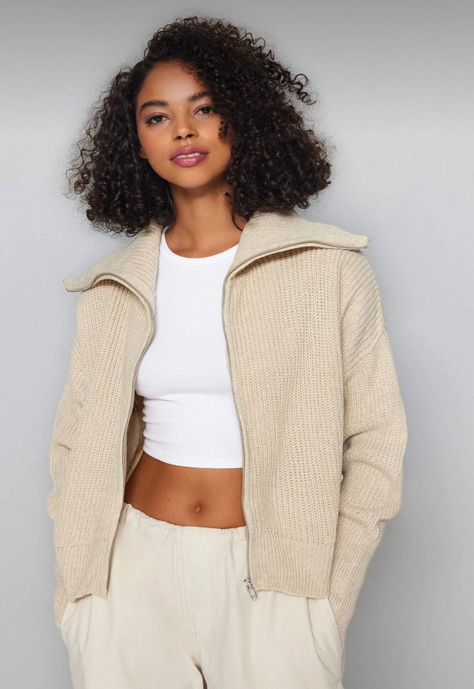 Bej Yüksek Yakalı Salaş Kadın Kazak Hırka - Görsel 3