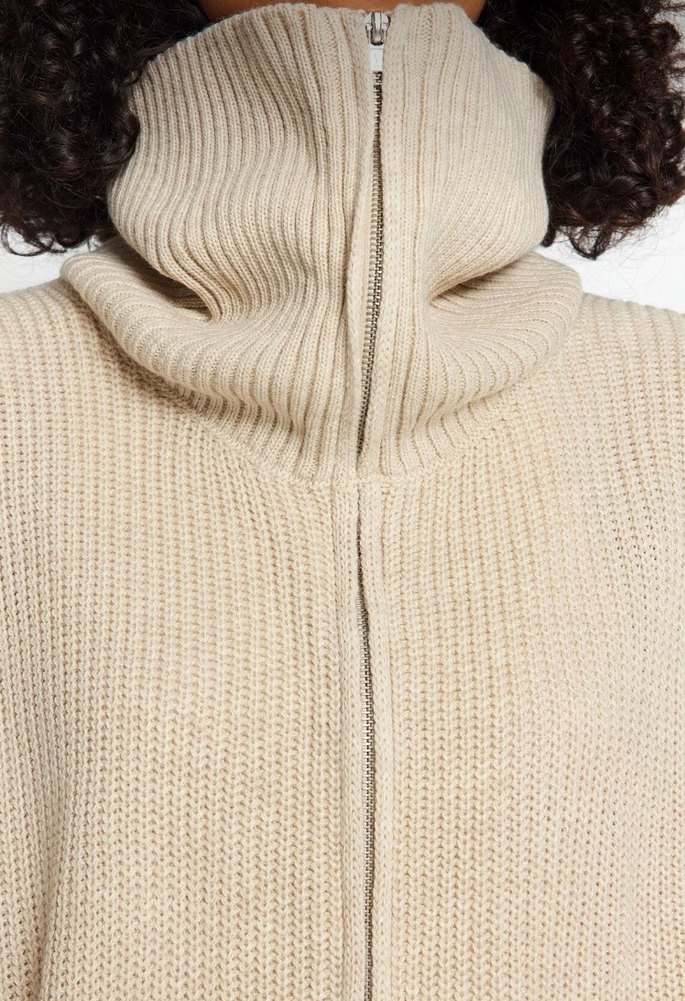 Bej Yüksek Yakalı Salaş Kadın Kazak Hırka - Görsel 4