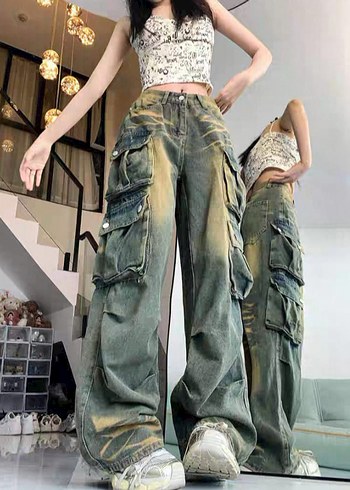 Gri Batik Desenli Bol Kesim Kadın Kot Pantolon / İthal - Görsel 2