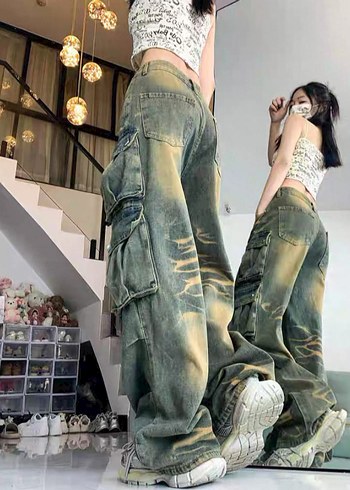 Gri Batik Desenli Bol Kesim Kadın Kot Pantolon / İthal - Görsel 3