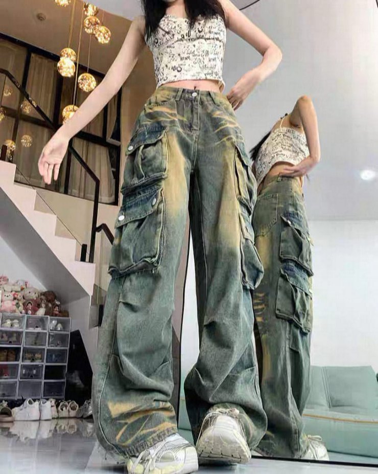 Gri Batik Desenli Bol Kesim Kadın Kot Pantolon / İthal - Görsel 2