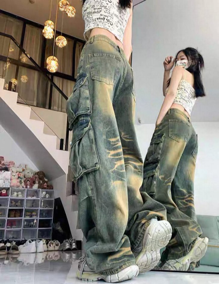 Gri Batik Desenli Bol Kesim Kadın Kot Pantolon / İthal - Görsel 3