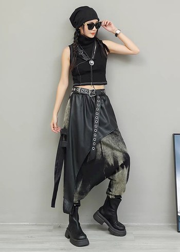 İthal/ Deri Kemerli Uzun Bağlama Desenli Şalvar - Görsel 2