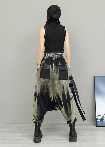 İthal/ Deri Kemerli Uzun Bağlama Desenli Şalvar - Görsel 3