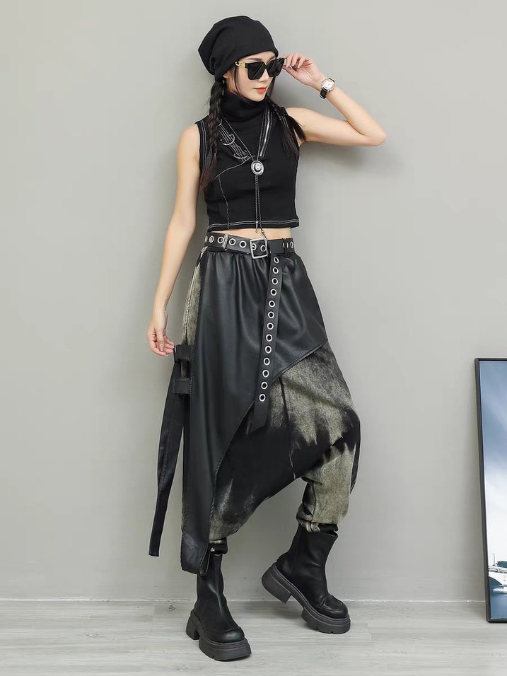 İthal/ Deri Kemerli Uzun Bağlama Desenli Şalvar - Görsel 2