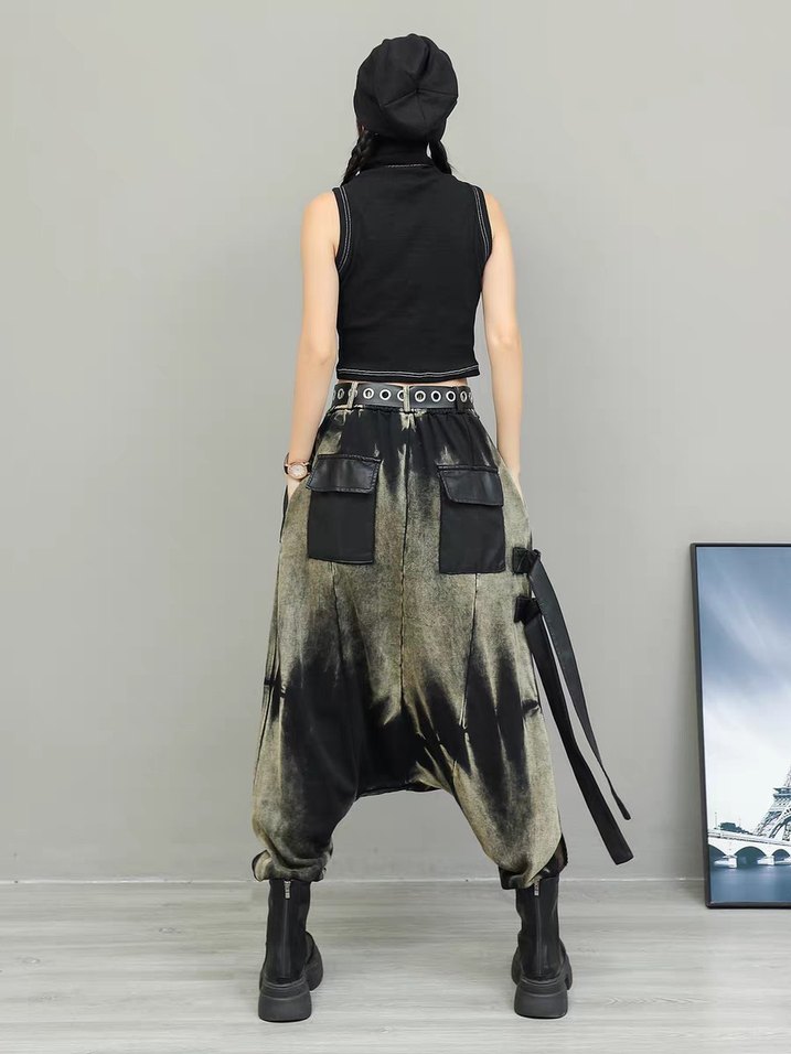 İthal/ Deri Kemerli Uzun Bağlama Desenli Şalvar - Görsel 3