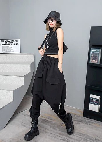 İthal / Siyah Bol Kesim Kadın Salvar Pantolon - Görsel 2