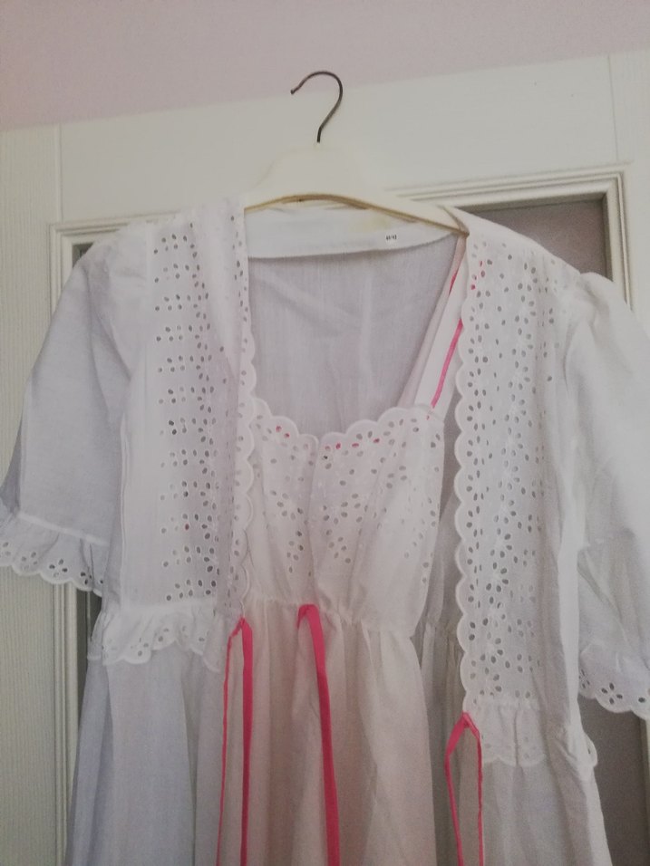 Vintage gecelik sabahlık takım Nakışlı Beyaz  Gecelik - Görsel 4