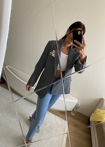 Beyoğlu Butik Gri Düğmeli Kadın Blazer Ceket
