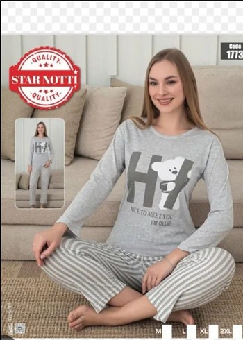 Uzun Kollu Gri Baskılı Rahat Pijama Takımı