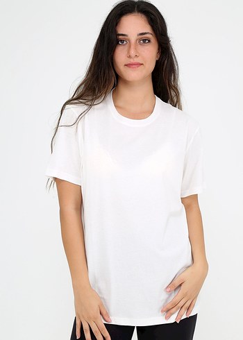 Kadın Ekru Pamuklu Kısa Kollu Oversize Tişört