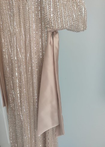 Bej Uzun Kollu Işıltılı Kadın Abiye Elbise - Görsel 4