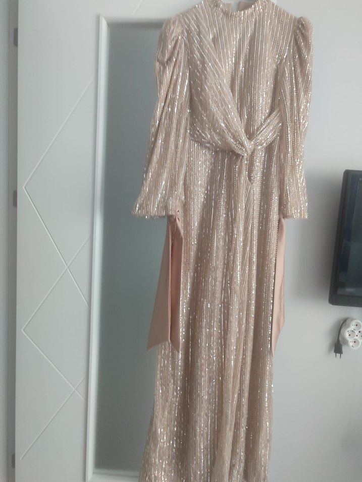 Bej Uzun Kollu Işıltılı Kadın Abiye Elbise - Görsel 2