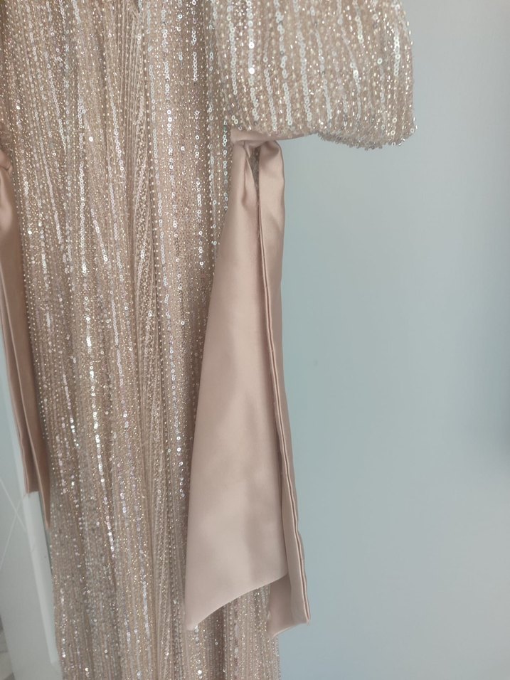 Bej Uzun Kollu Işıltılı Kadın Abiye Elbise - Görsel 4