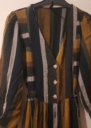 Düğmeli, Bol Kesim, Uzun Kahverengi Elbise - Görsel 2