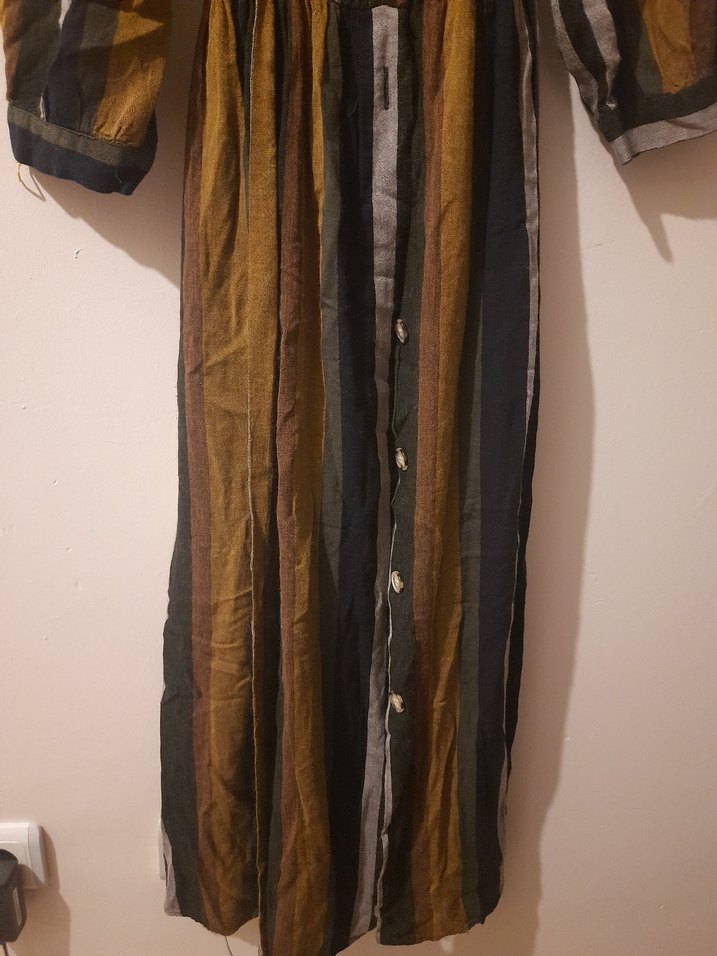 Düğmeli, Bol Kesim, Uzun Kahverengi Elbise - Görsel 3