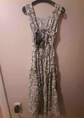 çağla yeşili Kamuflaj Desenli Uzun Keten Elbise - Görsel 3