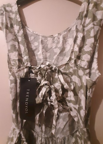 çağla yeşili Kamuflaj Desenli Uzun Keten Elbise - Görsel 4