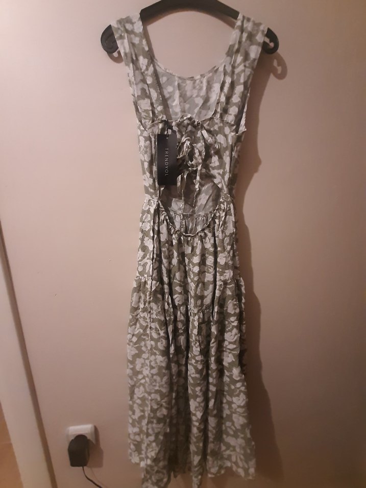 çağla yeşili Kamuflaj Desenli Uzun Keten Elbise - Görsel 3