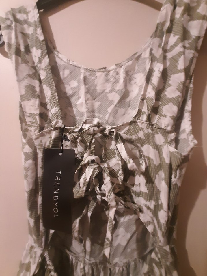 çağla yeşili Kamuflaj Desenli Uzun Keten Elbise - Görsel 4